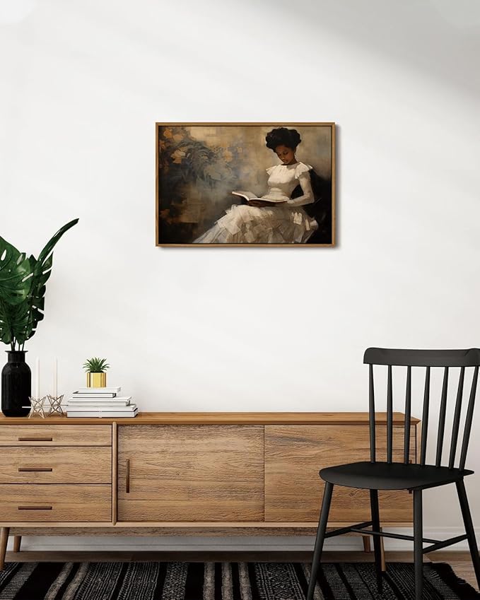 KISSFOX Vintage Portrait Framed Wall Art African American Canvas Wall Art Neutral Rustic Woman Reading Paintings Artwork Serene Countryside Art Prints For Bedroom Living Room