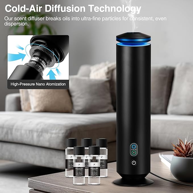 Waterless Scent Diffuser Starter Kit - 1500 Sq Ft Coverage, Scent Diffuser for Home, Hotel, Studio, Essential Oil Diffuser Large Room, 7 Mood Lights Setting, 5 Essential Oils Included, Black, 11.50In