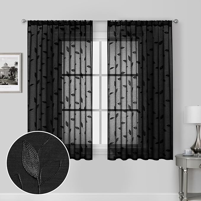 HOMEIDEAS Black Sheer Curtains 52 X 63 Inches Length 2 Panels Black Embroidered Leaf Pattern Gothic Faux Linen Floral Semi Sheer Voile Window Curtains/Drapes for Bedroom Living Room