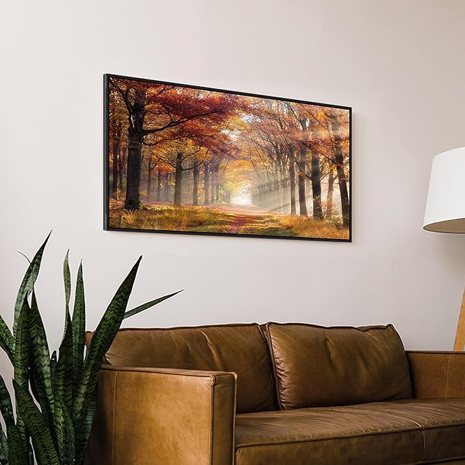 Sunset Forest Framed Wall Art - Yellow Landscape Canvas Picture Woodland Painting Nature Tree Scenery Artwork Prints for Bedroom Living Room
