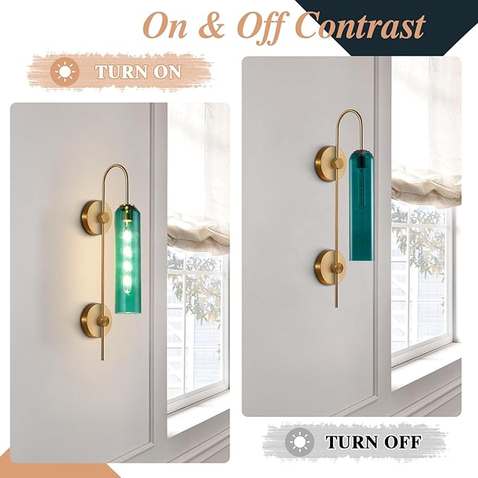 BOKT Modern Gold Wall Sconce Green Glass Hardwired Bedside Wall Light Fixtures Mid Century Long Metal Wall Sconce Single Hardwired Bathroom Bar Wall Lamp (Green)