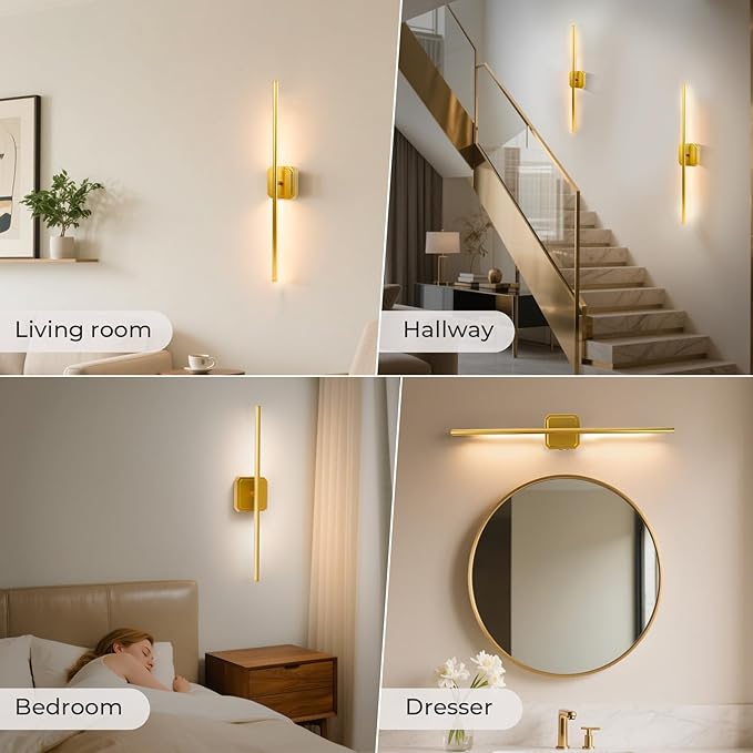 Battery Operated Wall Sconce Detachable 360°Rotate, Wireless Wall Lamp 3000-6500K Dimmable, 10000mAh Rechargeable Wall Light for Bedroom, Living Room,28" Black Gold (4 Pack)