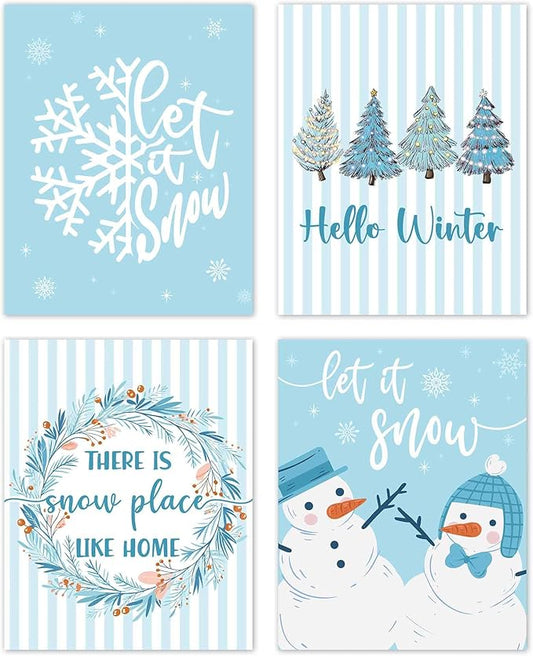 TLESKE Blue Winter Christmas Trees Let It Snow Posters Prints Unframed Set of 4, There Is Snow Place Like Home Wall Art Prints Decor for Bedroom Living Room, Hello Winter Snowmen Snowflakes Pictures, 8x10 Inches