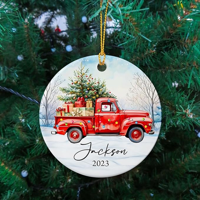 Merry Christmas Ceramic Ornament, Personalized Santa Truck Ornaments, Gift for Truckers, Custom Name Trucker Ornament for Dad Son, Red Truck Christmas Tree Decorations, Trucks Lovers Xmas Gifts