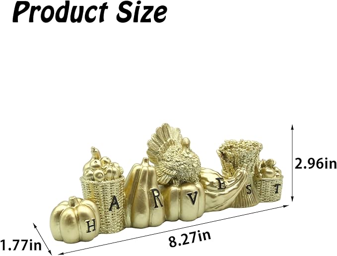 Thanksgiving Decoration for Home, Gold Fall Tabletop Decor with Harvest, Thanksgiving Turkeys with Pumpkin, Fruit Basket, Crops Figurines for Indoor Home Mantel Decor