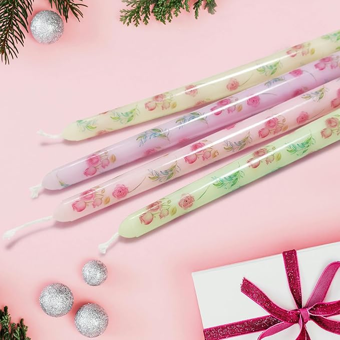 10 Inch Flower Taper Candles 4 Pcs Unscented, Smokeless, Dripless Long Tapered Candlesticks Candles for Mother's Day Birthday Dinner Dating Wedding Party Home Decor