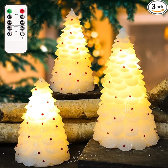 White Christmas Trees Figurine with Light Battery Operated with Remote Lighted Christmas Tree Tabletop Decor Real Wax White Small Xmas Tree with Red Berry Christmas Decoration for Home Party Gifts