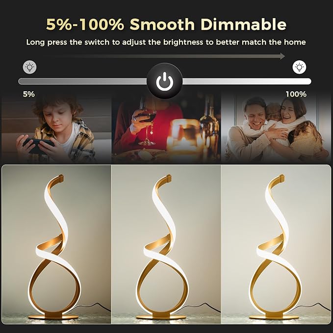 2 Pack Bedside Table Lamp, LED Spiral Desk Lamp, Touch Dimmable, 3 Color Temperature, Modern Nightstand Light for Night Stands, Unique Side Light for Bedroom, Living Room, Gold