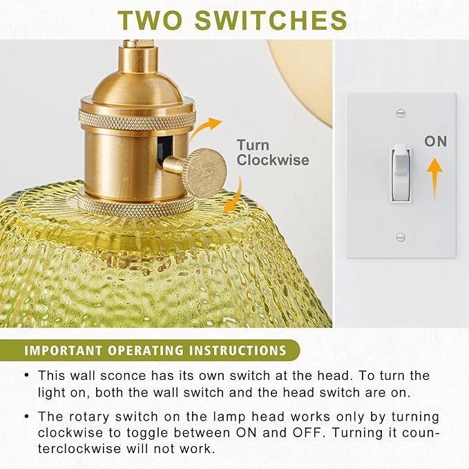 Hardwired Wall Sconce Light, Vintage Wall Sconce with Switch, Gold Wall Light Fixture with Gradient Green Glass Lampshade, Indoor Wall Light for Bedroom Bathroom, Bedside Wall Lamp