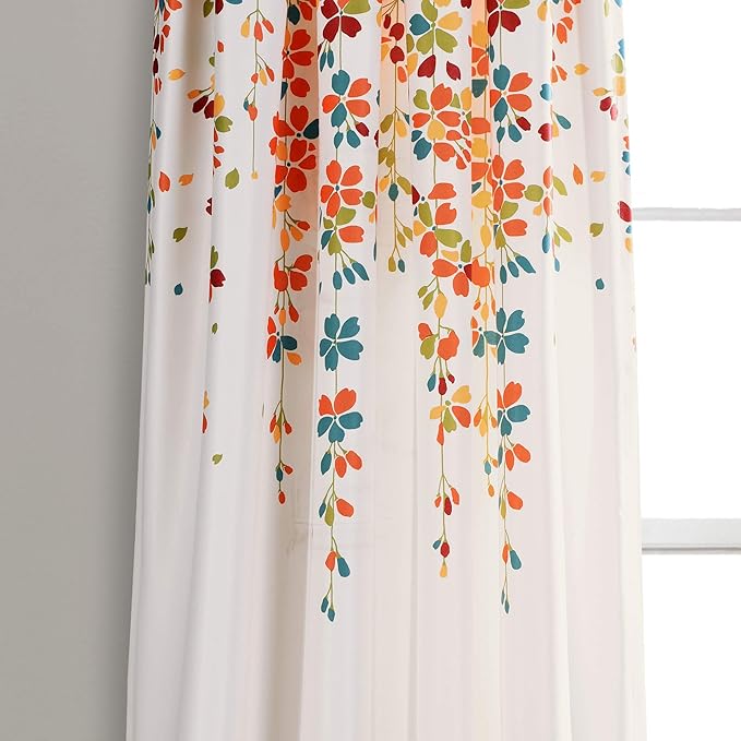 Lush Decor Weeping Flower Light Filtering Window Curtain Panels, Pair, 52"W x 84"L + 2" Header, Turquoise & Tangerine - Charming Modern Floral Curtains for Living Room, Dining Room, & Bedroom