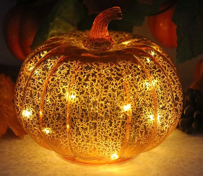 Mercury Glass Pumpkin Light with Timer, with 10 Fairy Lights Inside,Battery Operated Led Pumpkin Light,Ideal for Halloween Fall Decoration, Thanksgiving Rustic Decor, Xmas Decor (Gold)