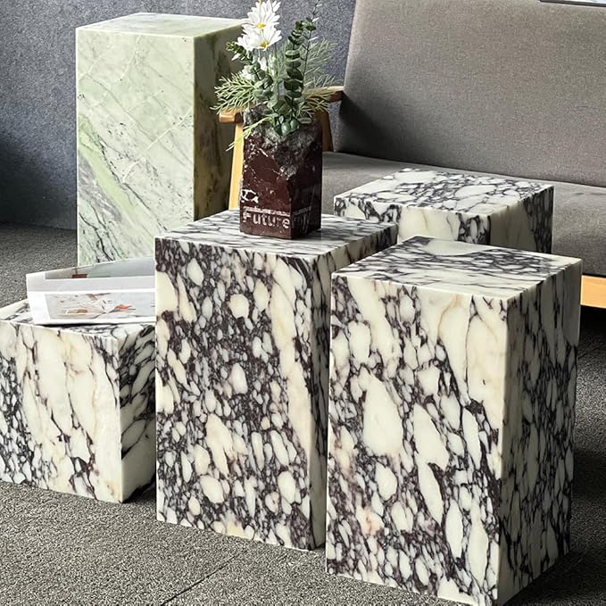 Luxury Marble Side Table,Square End Table for Modern Sofa and Bed, Living Room, Sofa, Bedroom(Calacatta Viola)