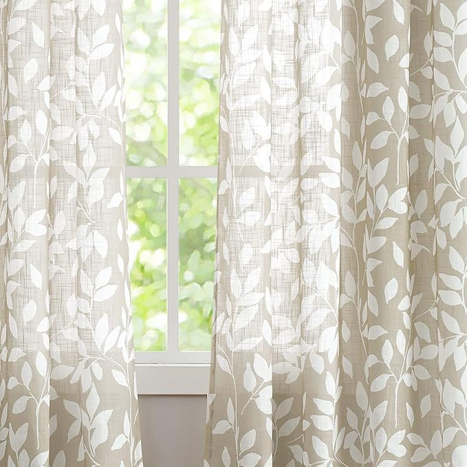 Print Semi Sheer Curtains for Living Room 95-inch Long White Leaf Curtains for Windows 52" Width x 2 Panels, Taupe, Grommet Top