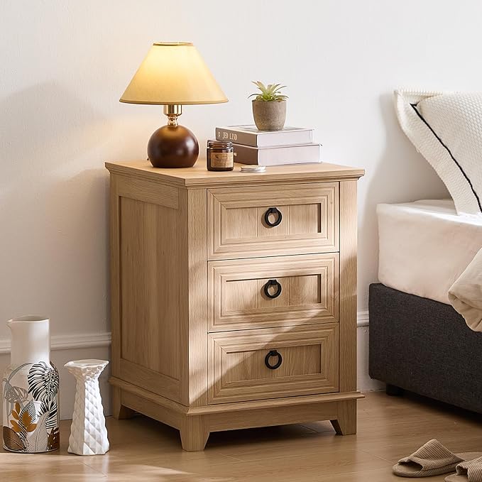 18" Farmhouse Night Stand with 3 Drawers, Wood Bedside End Table, Natural Nightstand, Bed Side Table Cabinet with Metal Handle for Bedroom Living Room, Closet