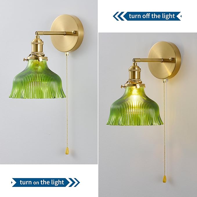 Vintage Wall Sconce 1 Pack, Flower Green Glass Shade Gold Wall Lamp with 12.6 Inch Cable Switch, Modern Bathroom Wall Sconces for Bedroom Corner Hallway