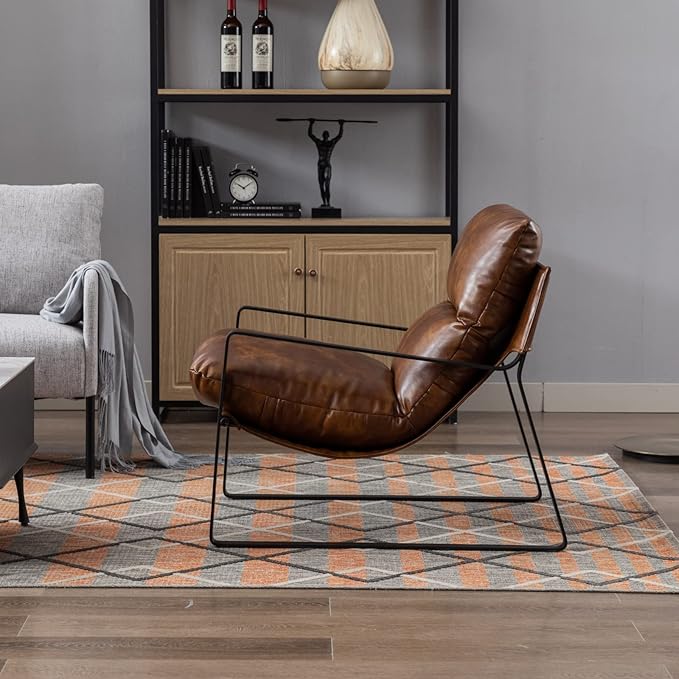 Mid-Century Accent Chair, Comfy PU Leather Side Chair with Armrest, Upholstered Leisure Chair with Black Metal Frame for Living Room Bedroom Reception Room, Brown