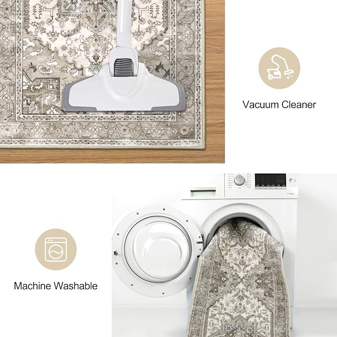 Yamaziot Boho Washable Kitchen Rugs Sets of 3, Non Slip Kitchen Mats for Floor with Rubber Backing, Waterproof & Stain Resistant Carpet Runner Throw Rug for Kitchen, Laundry Room, Hallway, Beige Grey