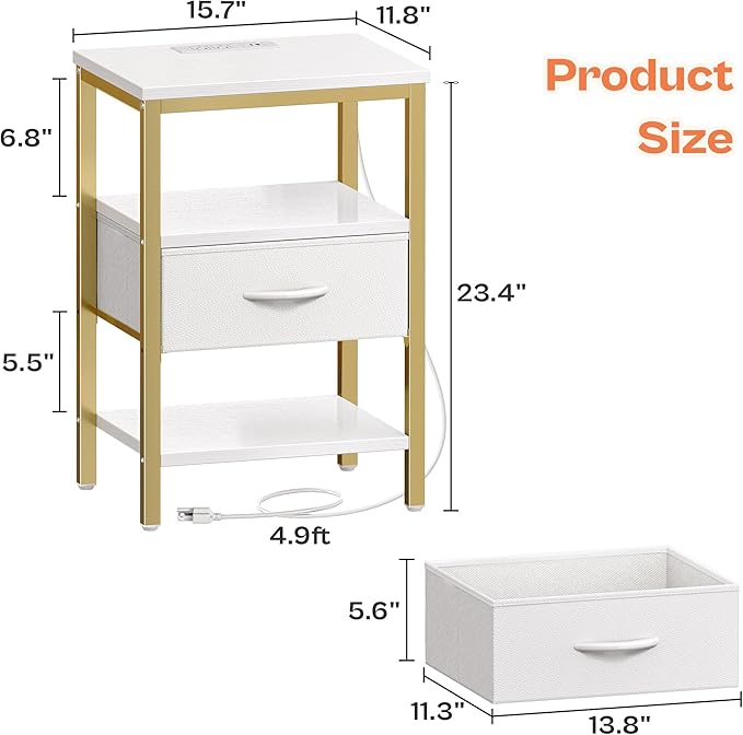 SUPERJARE Nightstand with Charging Station, Bed Side Table with Adjustable Fabric Drawer, Night Stand for Bedroom, 3-Tier Storage End Table, for Living Room, White and Gold