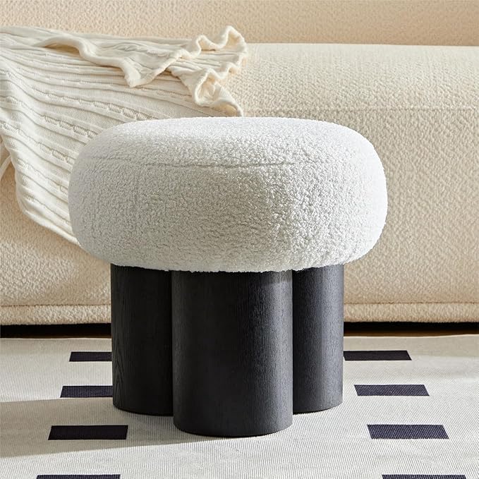 Mushroom Foot Stool, Round Teddy Fabric Ottoman with Non-Skid Legs, Small Footrest for Under Desk, Sofa Couch, Shoe Changing at Entrance, Living Room Bedroom Office (White & Black)