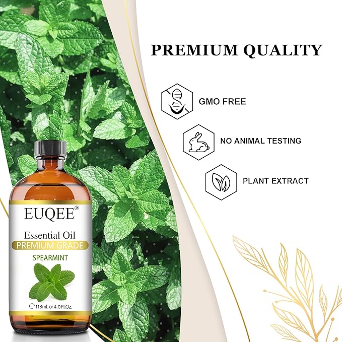 EUQEE Spearmint Essential Oil Premium Grade Spearmint Oil Essential Oil with Glass Dropper, Great for Humidifier, Candle Making, Diffusers (118mL/4oz)