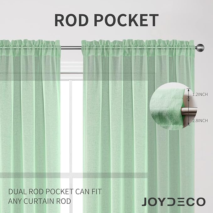 Joydeco Green Sheer Curtains 72 Inch Length 2 Panels Set, Rod Pocket Long Sheer Curtains for Window Bedroom Living Room, Lightweight Semi Drape Panels for Yard Patio (54x72 inch, Mint Green)
