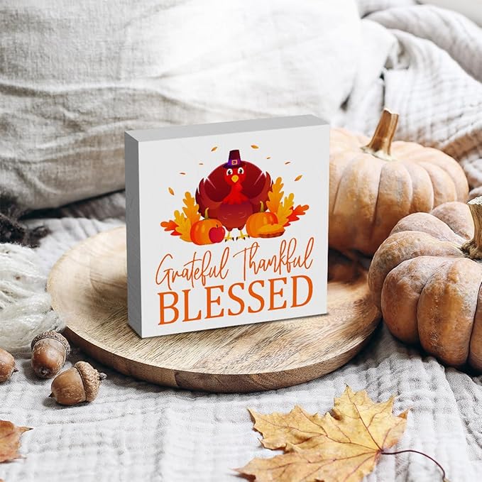 HTBIG Thanksgiving Blessed Grateful Thankful Fall Decor Wooden Turkey Wooden Box Signs for Home Fall ation Thanksgiving Room Indoor Desktop Decor 5 x 5 Inch