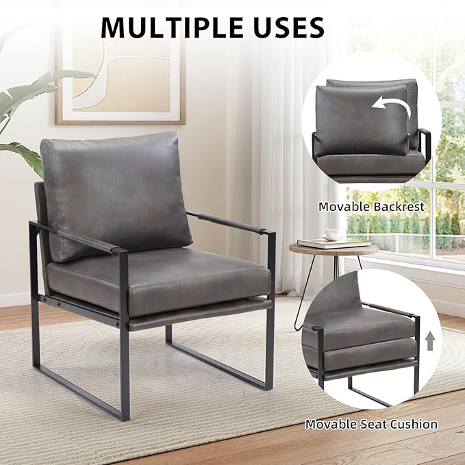 INZOY Mid Century Modern Accent Chair with Removable Cushions Set of 2, Comfy PU Leather Living Room Chairs with Thicker Backrest and Cushion, Metal Frame Design, Dark Grey