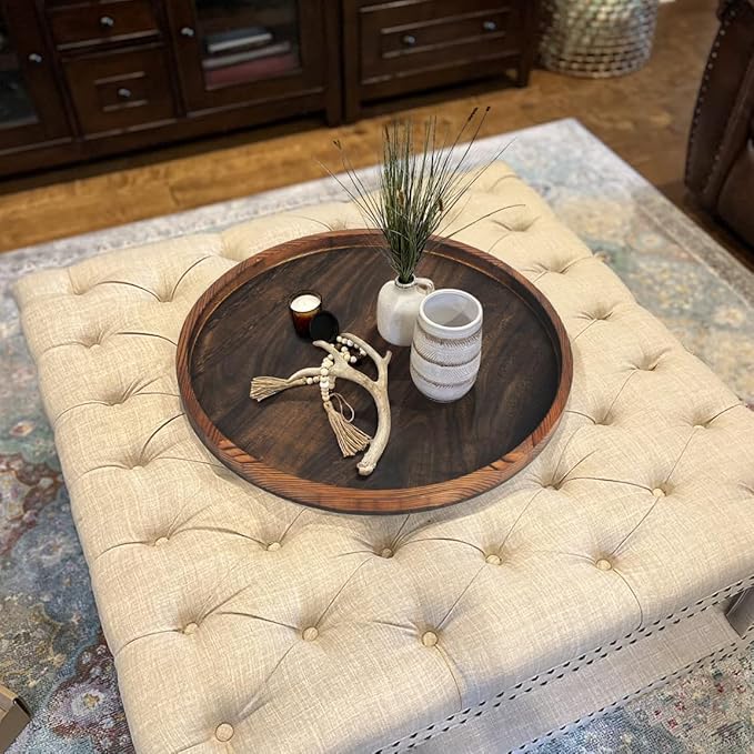 20" Rustic Wooden Serving Tray - Extra Large Round Ottoman Table Tray for Farmhouse Decorative Oversized Coffee Table Trays Living Room Kitchen Counter Breakfast Brown