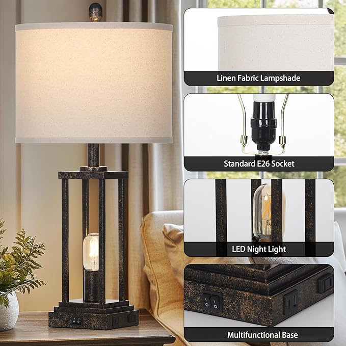 27" Tall Farmhouse Table Lamps with Night Light, Bronze Industrial End Table Lamp for Living Room, Rustic Bedside Lamps Set of 2 with USB C+A Ports & AC Outlet, Vintage Bedroom Lamp for Nightstand