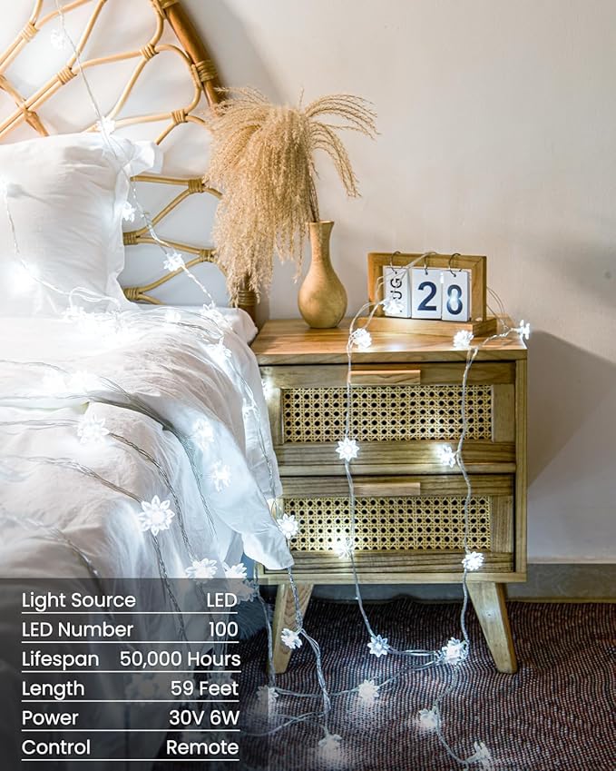 Flower String Lights 59 Ft 100 LED Fairy Lights Plug in with Remote Timer Connectable Twinkle Lights for Bedroom Wedding Patio Classroom Dorm Kids Room Indoor Outdoor Decor, Cool White