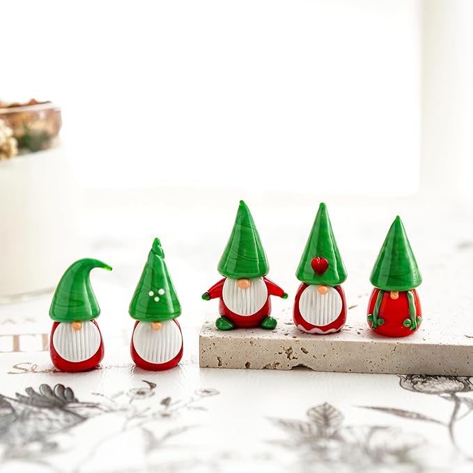 H&D HYALINE & DORA Gnomes Christmas Decorations Ornaments 5Pcs Mini Blown Glass Gnomes Figurines Handmade Glass Xmas Figurines for Tree, Santa and Gnome Party Supplies