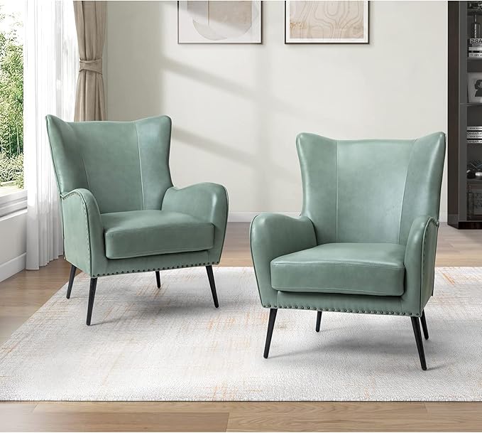 HULALA Home Faux Leather Accent Chair Set of 2 w/Removable Cushion, Comfy Upholstered Armchair with Metal Legs & Nailhead Trim Wingback Vanity Chair Desk Chair for Reading Living Room Bedroom, SAGE
