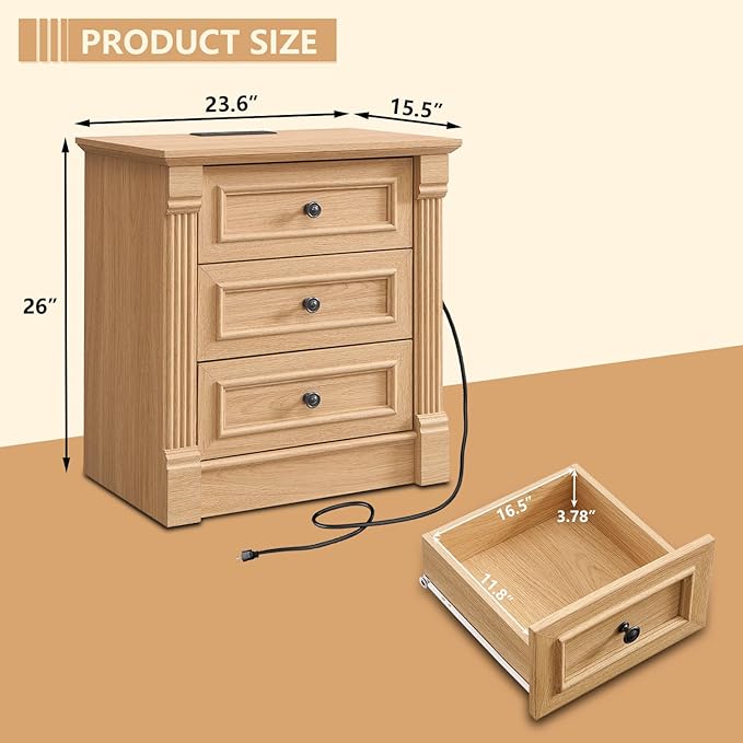 26" Tall Nightstand with Charging Station, Farmhouse 23.6" Wide Large End Table w/Roman Column, Wood Rustic Side Table w/Metal Handle, 3 Drawers Dresser for Bedroom, Living Room, Natrual
