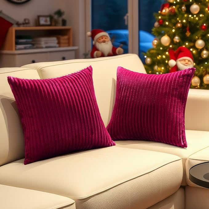 Simmore Decorative Fall Throw Pillow Covers 16x16 Set of 2, Soft Natural Plush Flannel Double-Sided Fluffy Couch Pillow Covers for Sofa Living Room, Burgundy