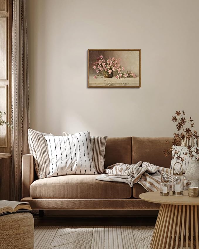 KISSFOX Vintage Floral Canvas Wall Art Framed Retro Pink Flower Botanical Painting Prints Farmhouse Rustic Still Life Roses Pictures Decor Gallery Office Living Room Bedroom Bathroom