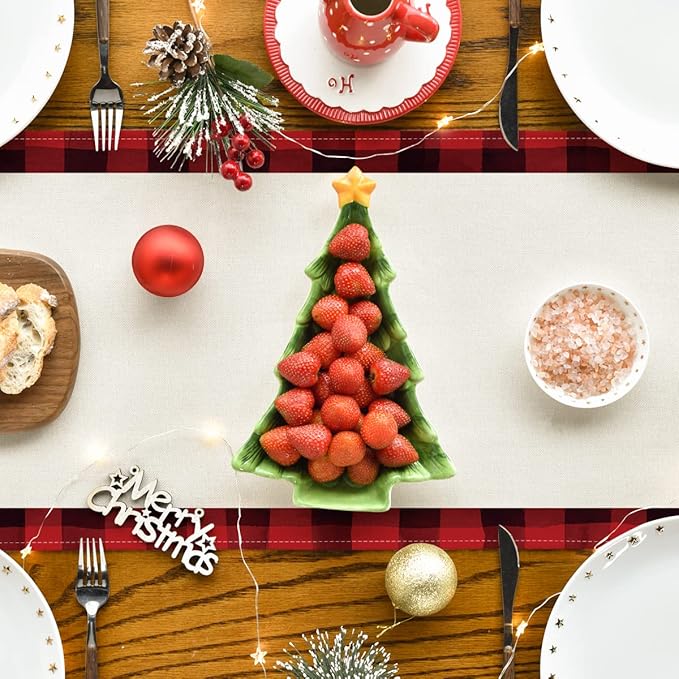 Artoid Mode Watercolor Red and Black Buffalo Plaid Christmas Trees Merry Xmas Table Runner, Seasonal Winter Holiday Kitchen Dining Table Decoration for Indoor Outdoor Home Party Decor 13 x 72 Inch
