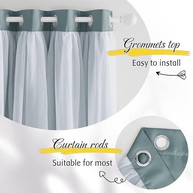 NICETOWN Greyish Blue Curtains for Bedroom Double Layers Crushed Sheer Overlay Elegant Decoration for French Country Rustic Design Window Covering with Tiebacks, 52" Wide x 84" Long, 2 Panels