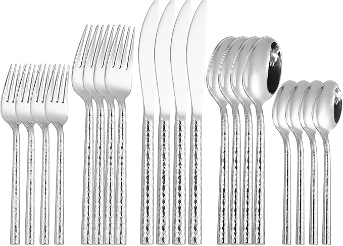 Hammered Silverware Set,Zerophilo Flatware Set 20 Pieces 18/10 Stainless Steel Cutlery Set for 4 Mirror Polished,Dishwasher Safe