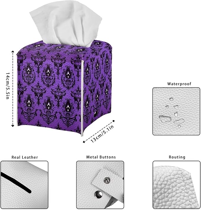 Halloween Home Decor Tissue Box Cover Square Tissue Holder for Bathroom Leather Tissue Box Holder Desk Accessories Napkin Organizer Dispenser Tissue Cube Box Cover Purple