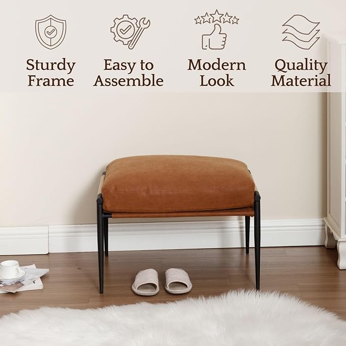 LukeAlon Upholstered PU Leather Footstool, Modern Ottoman Footrest Small Shoe Stool with Black Metal Legs Mid Century Vanity Stool with Armrests for Living Room Entrance Cushion Removable, Brown