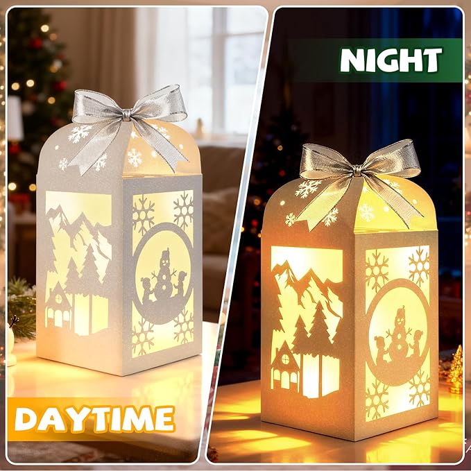 OuMuaMua Winter Christmas Centerpiece Table Decorations, 6Pcs Light Up Snowman Deer Decorative Paper Lanterns Glitter Table Centerpiece Boxes for Winter Wonderland Christmas Holiday Party Home Decor