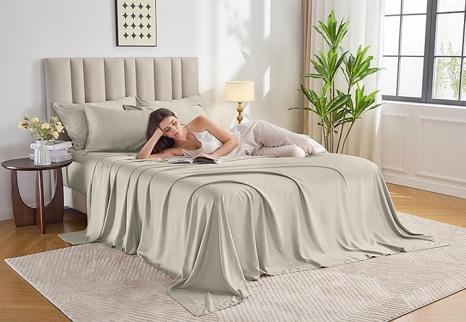 Pure Bamboo Queen Sheets, Genuine 100% Organic Viscose Derived from Bamboo Bed Sheet Set, Luxuriously Soft & Cooling, Double Stitching, Lifetime Quality Promise (Queen, Birch)