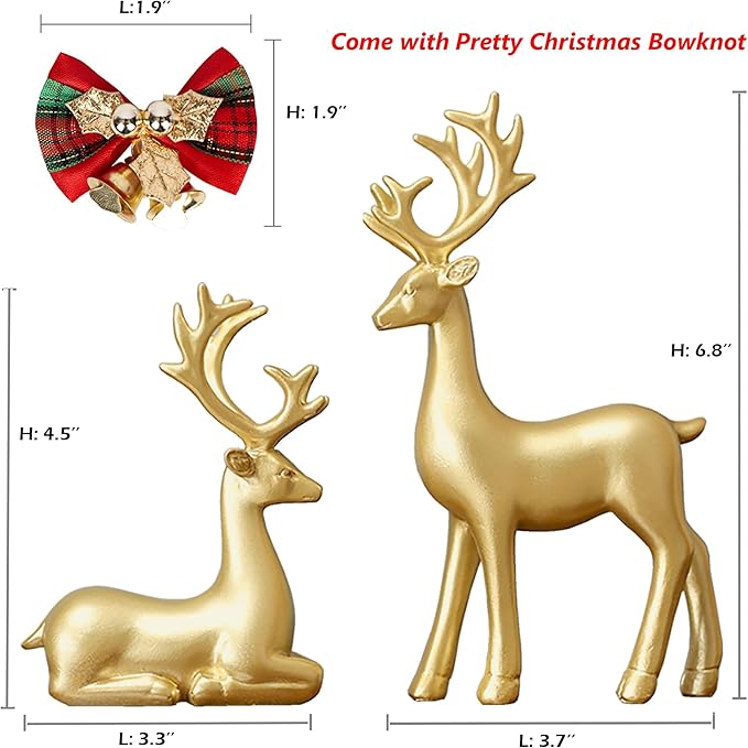 FANTESTICRYAN Small Reindeer Sculpture Resin Christmas Reindeer Elk 2pcs Christmas Home Decor Statues for Living Room, Bedroom, Office Desktop, Cabinets (Golden Small)