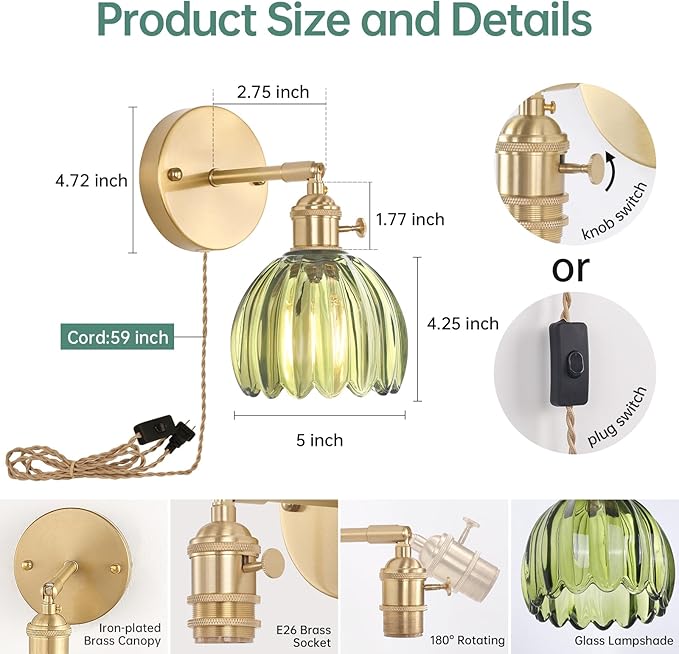 Plug in Wall Sconce, Green Tulip Glass Lampshade Wall Light Plugin Corded for Bedside Bedroom Doorway