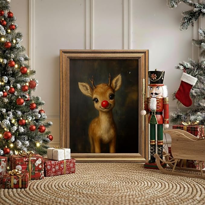 Vintage Christmas Wall Art Decor Gold Framed Art Funny Clown Reindeer Picture Painting for Home Living Room Decor Holiday Gift (Reindeer, 20L" x 16W")
