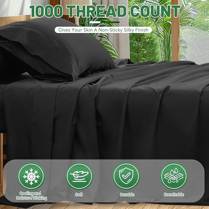 100% Egyptian Cotton Sheets Cal King Sheet Set 4PCS 1000 Thread Count Sateen Weave Soft Breathable 16-Inch Deep Pocket(California King,Black)