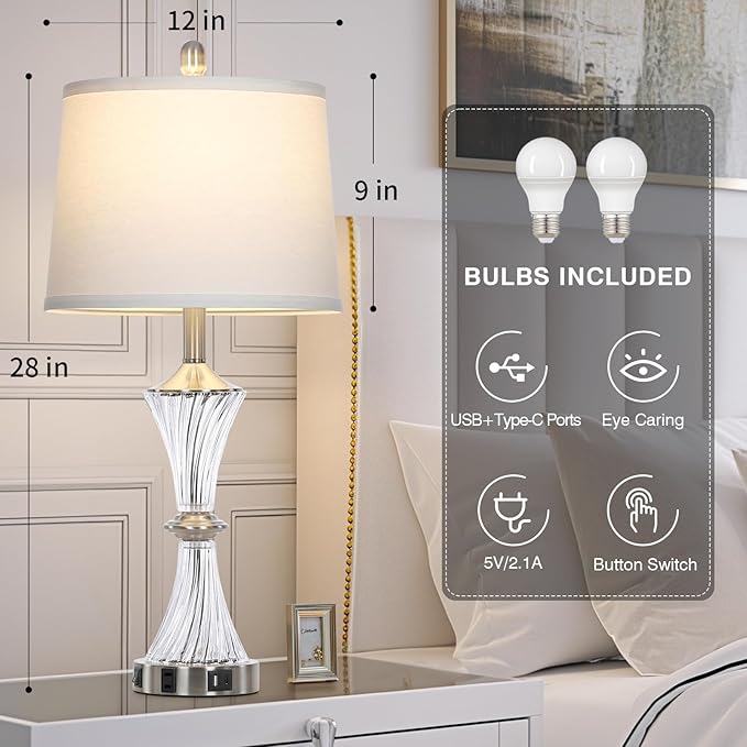 Crystal Glass Table Lamp Set of 2 With USB C+A Ports & AC Outlet - White Clear Modern Bedroom Lamps for Night Stands, Living Room - Silver Nightstand Lamps With LED Bulbs Included