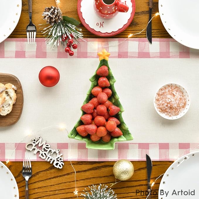 Artoid Mode Watercolor Pink Buffalo Plaid Christmas Trees Merry Xmas Table Runner, Seasonal Winter Holiday Kitchen Dining Table Decoration for Indoor Outdoor Home Party Decor 13 x 90 Inch