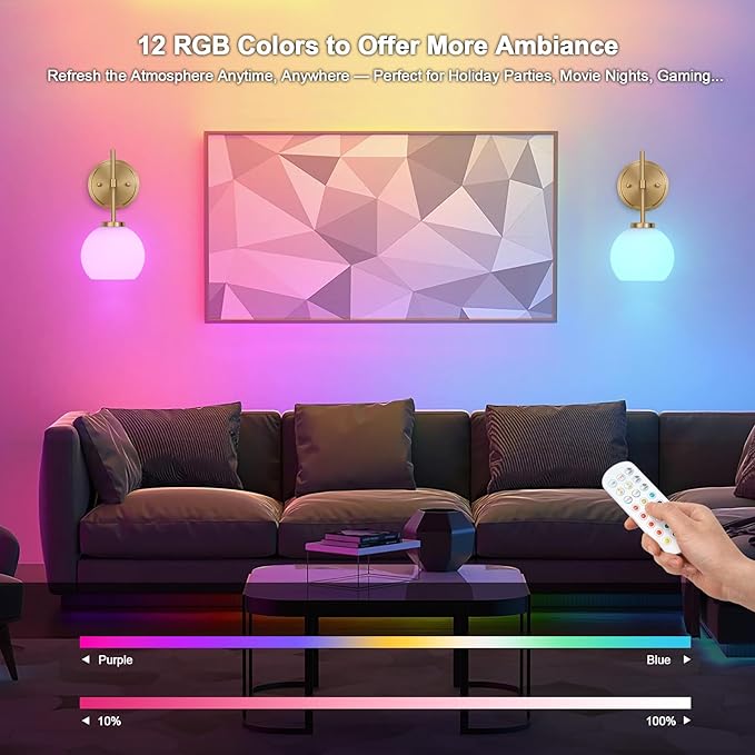 Gold Battery Operated Wall Sconce Set of 2, Wireless Rechargeable Sconces Wall Lighting with Remote Control, LED Dimmable Wall Lights with Opal White Glass Shade, 12 Colors RGB & 3 CCT Bulb