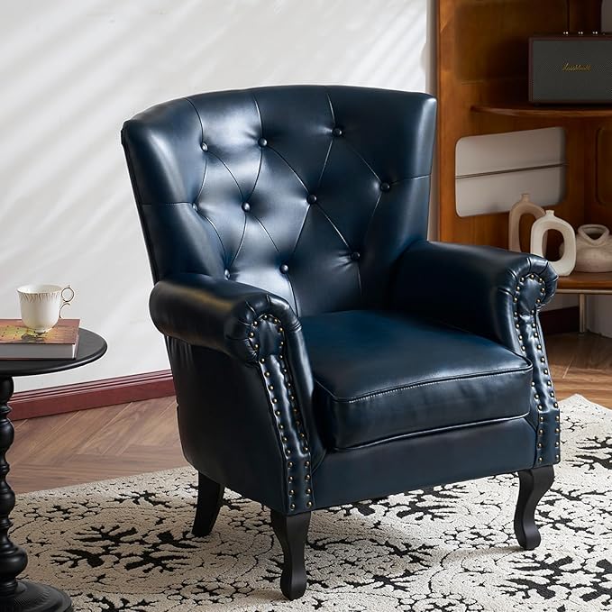 Modern Faux Leather Accent Chair, Upholstered Mid-Century Armchair with Solid Wood Legs, Single Sofa Chair for Living Room, Bedroom, or Reading Room(Navy)